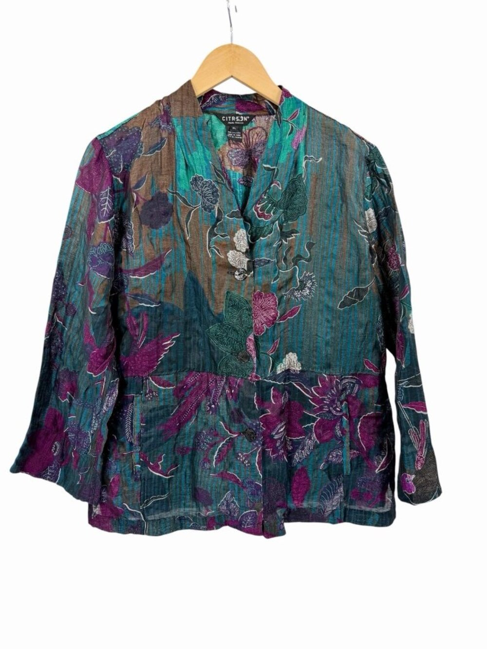 CITRON SANTA MONICA Women's Dark Floral Linen Blend V-Neck Button Blouse Pet/LAR